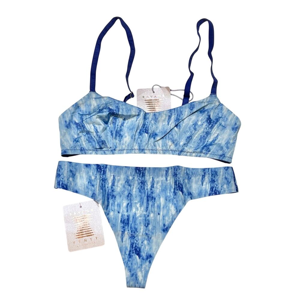 Savage X Fenty by Rihanna Lingerie Set Bralette Thong Lot Tie Dye Blue White XS